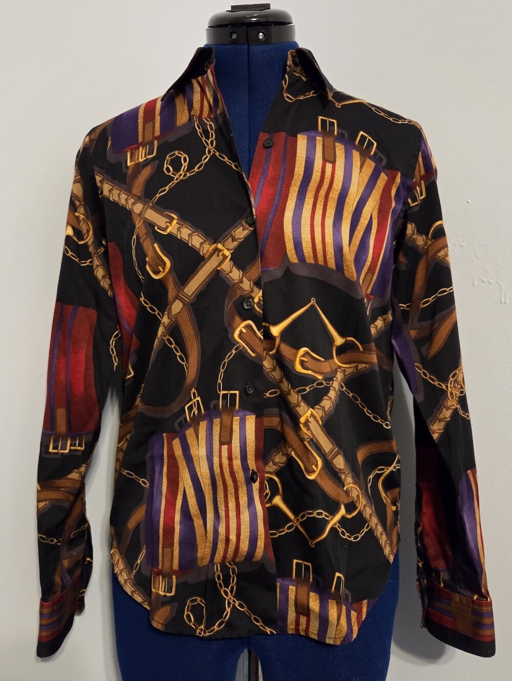 Retro Equestrian Print Button Down Shirt Size P/S